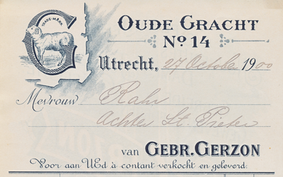 711119 Kop van een nota van de Gebr. Gerzon, Modemagazijnen, Oudegracht [Wz] 14 te Utrecht, ten name van mevrouw ...